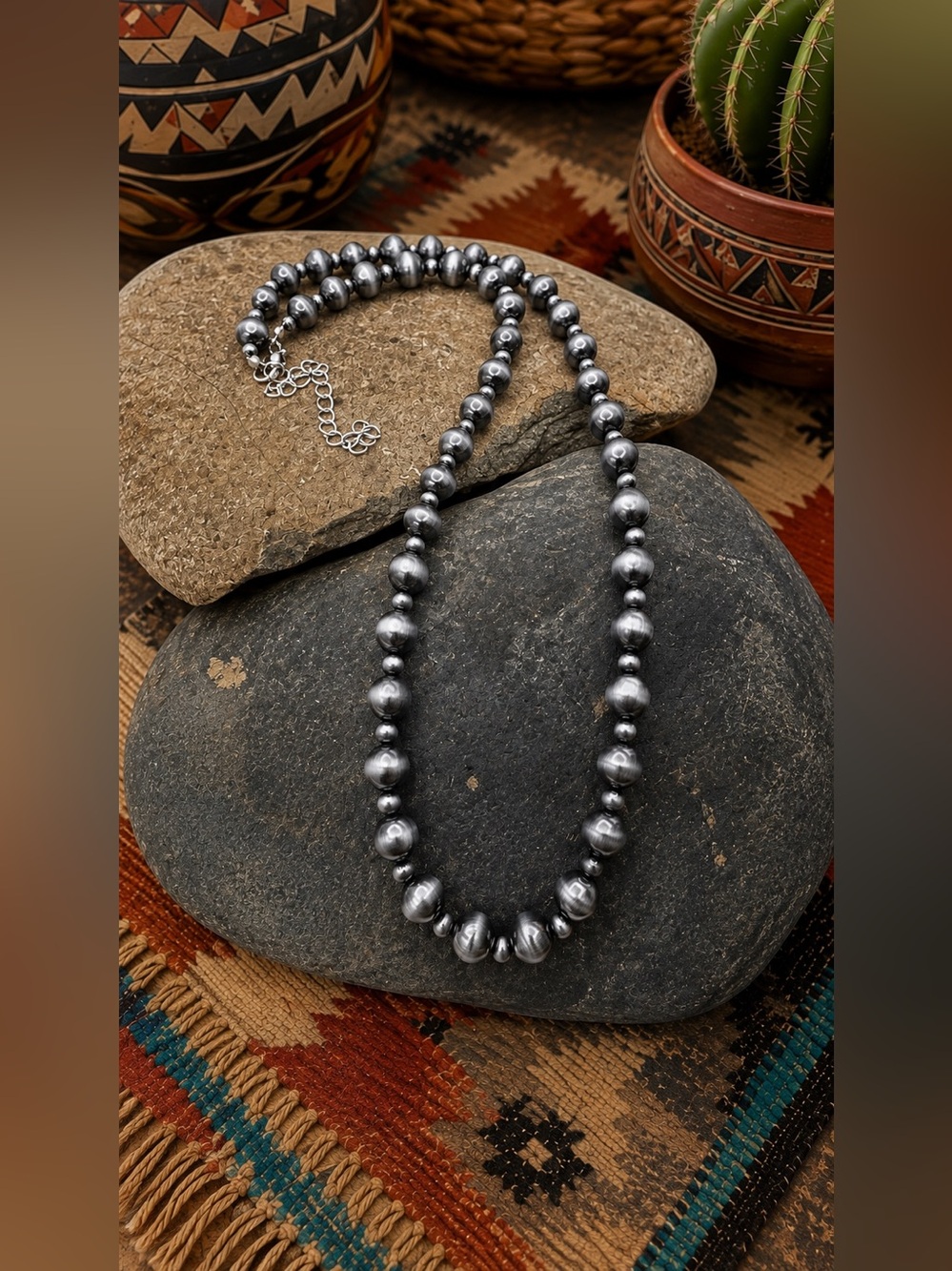 Southwestern Faux Navajo Pearl Silver Tone Costume Beaded Necklace